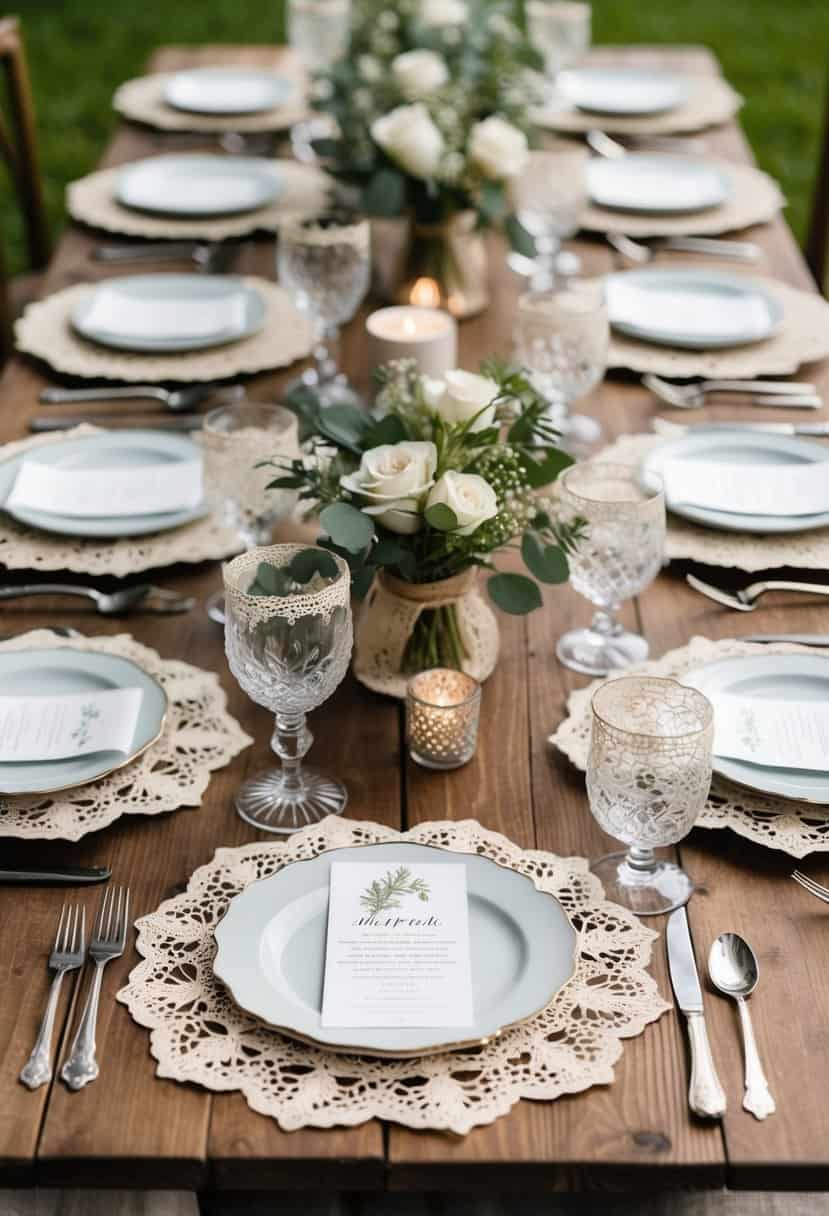 A wooden table adorned with vintage lace doilies, set with rustic chic wedding decor