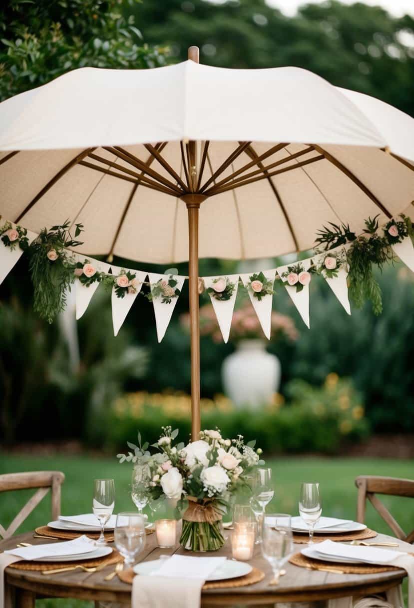 A rustic cotton umbrella adorned with floral banners, set as a charming wedding table decoration