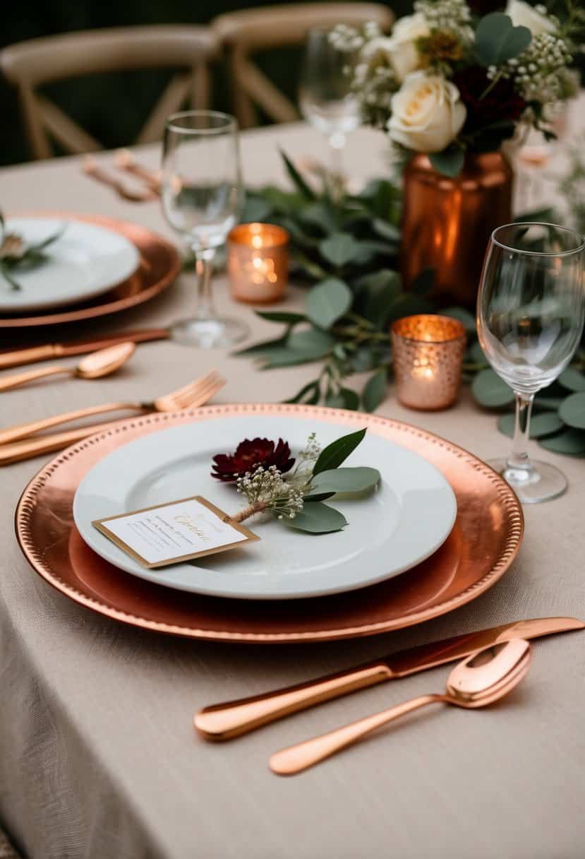 A table set with copper flatware, adorned with rustic chic wedding decor