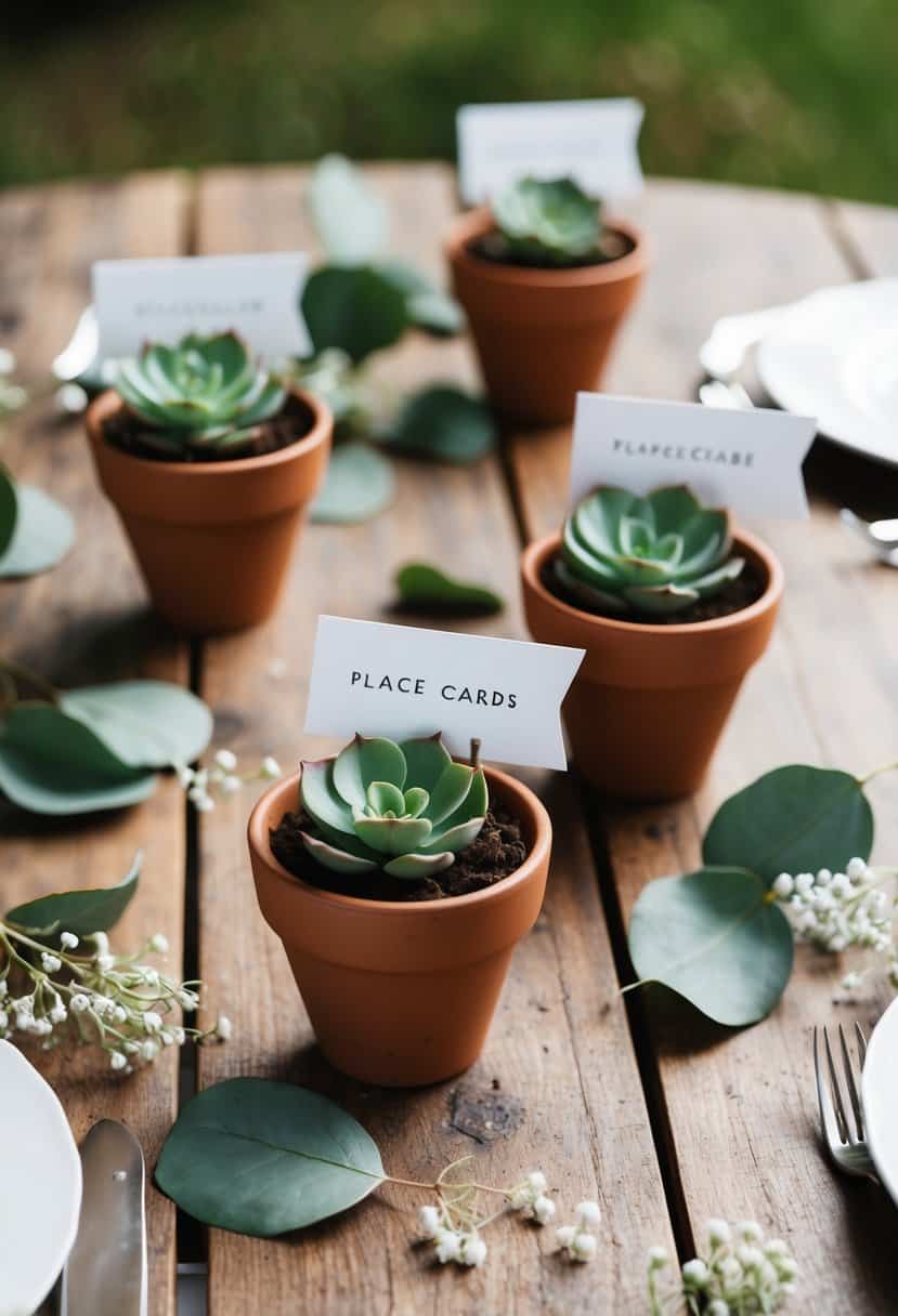 A rustic wooden table adorned with succulent place cards in terracotta pots. Eucalyptus leaves and small white flowers scattered around