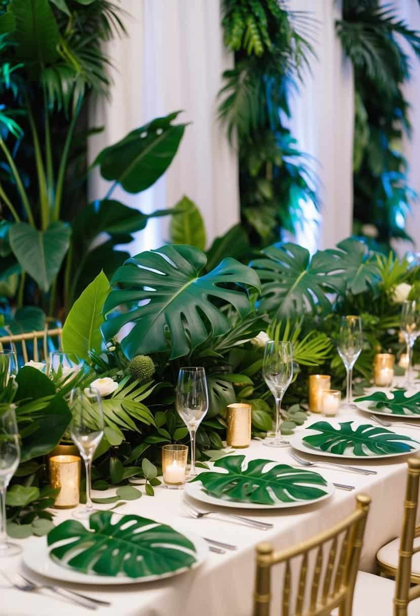 A table set with monstera leaf centerpieces, surrounded by tropical foliage, creating a lush and vibrant wedding reception atmosphere