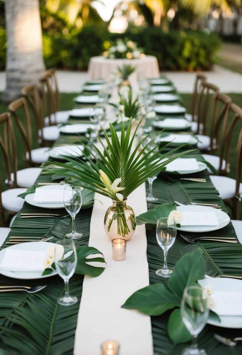 A tropical wedding table adorned with palm frond table runners and lush green leaves as decorations