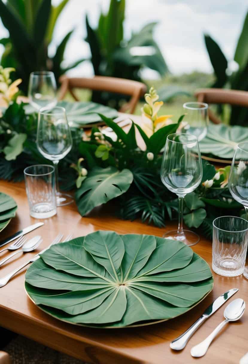 A table set with banana leaf plates, surrounded by tropical foliage for a wedding decoration