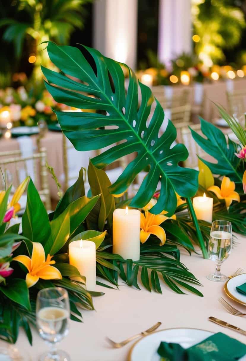 Lush green ti leaves arranged on a wedding reception table, intertwined with tropical flowers and candles, creating a vibrant and elegant centerpiece