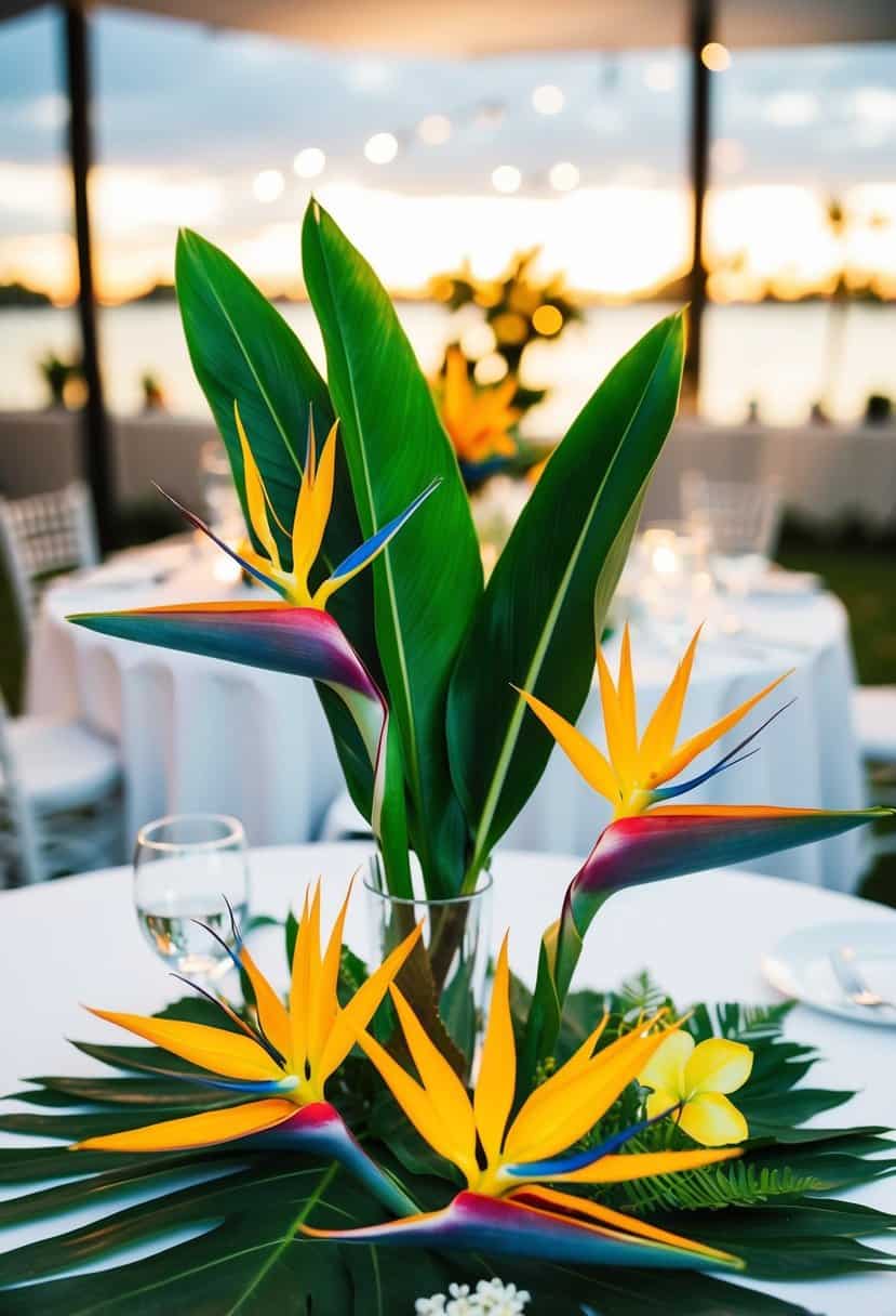 Bird of paradise flowers and tropical leaves arranged on a wedding table centerpiece