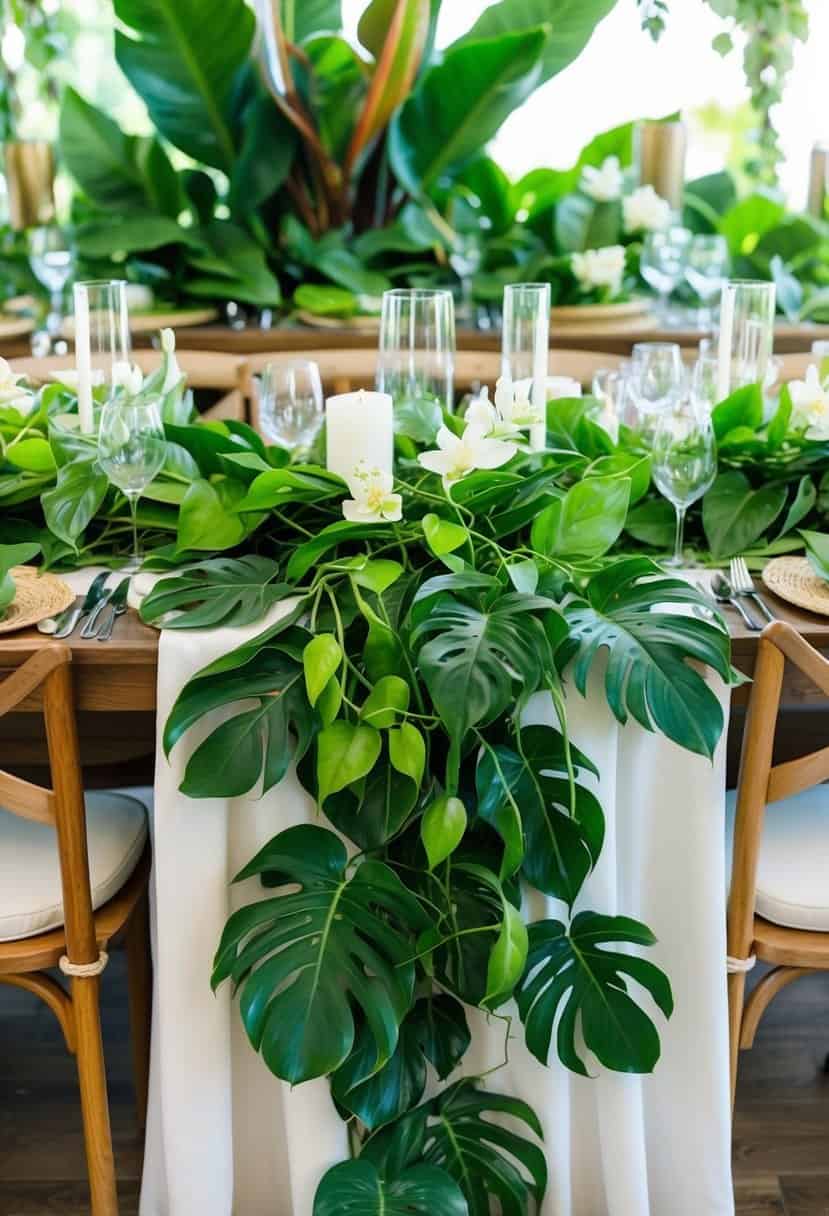 A lush Philodendron vine garland drapes across a tropical wedding table, adorned with vibrant green leaves and creating a lush, natural centerpiece