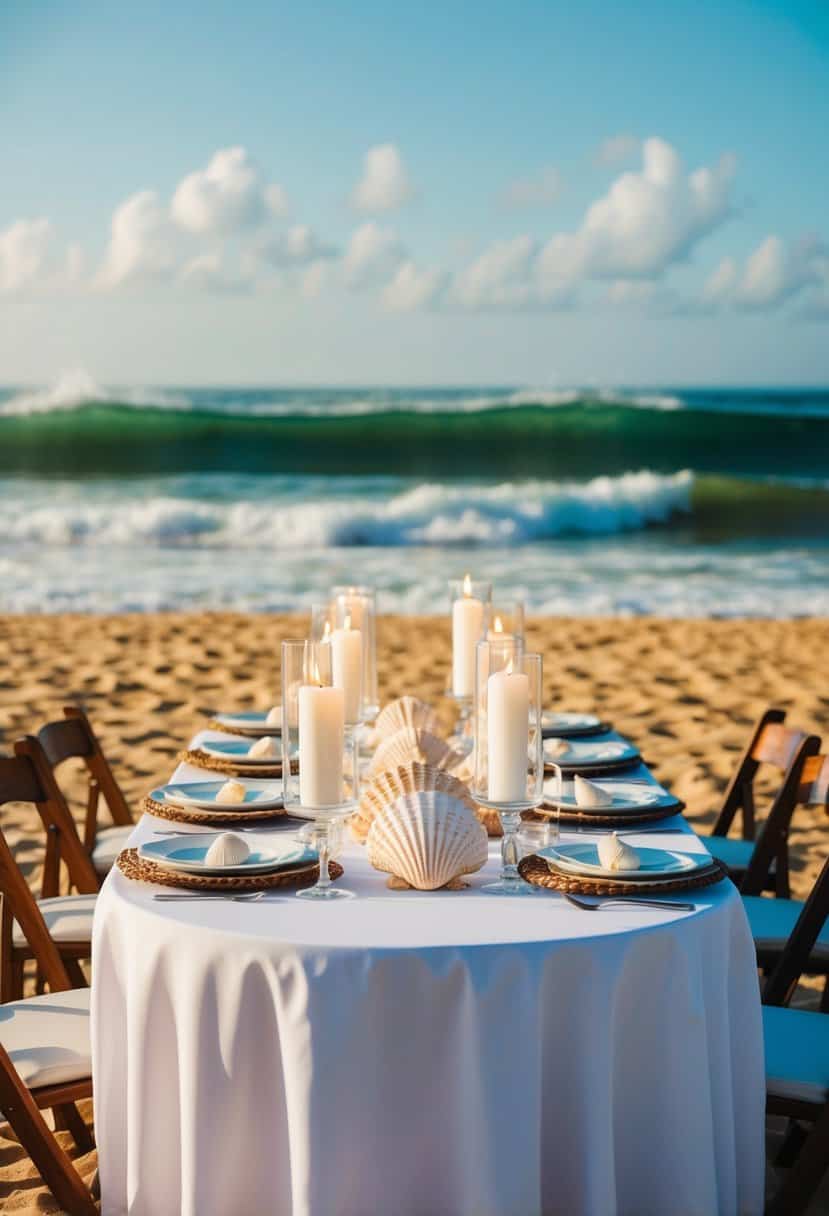 A beach wedding table adorned with seashell centerpieces and flickering candles, set against a backdrop of rolling waves and golden sand