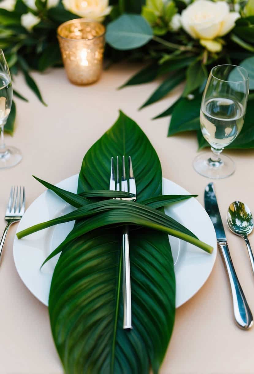Tropical leaves wrapped around cutlery on a wedding table with tea-leaf accents