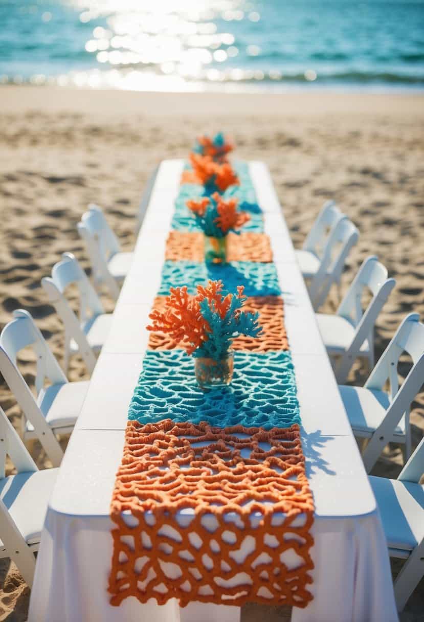 Colorful coral reef table runners adorn beach wedding tables. Sunlight filters through the water, casting dappled patterns on the sand