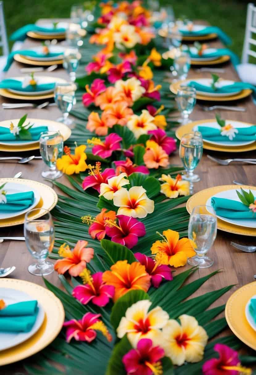 A vibrant table adorned with scattered hibiscus flowers and tropical leaves, creating a colorful and festive wedding decoration