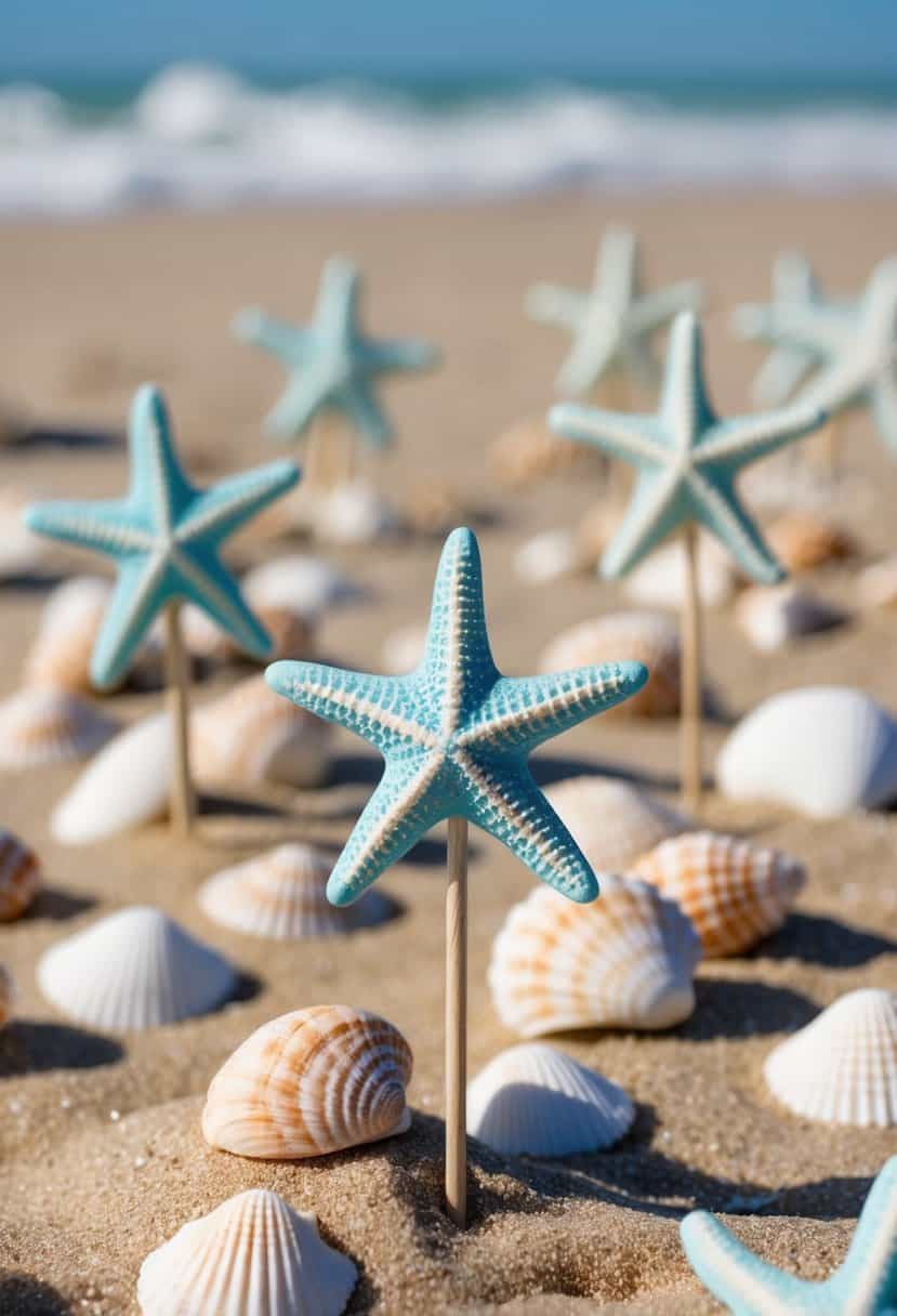 A serene beach setting with starfish table markers scattered among seashells and sand, creating a charming and whimsical atmosphere for a beach wedding