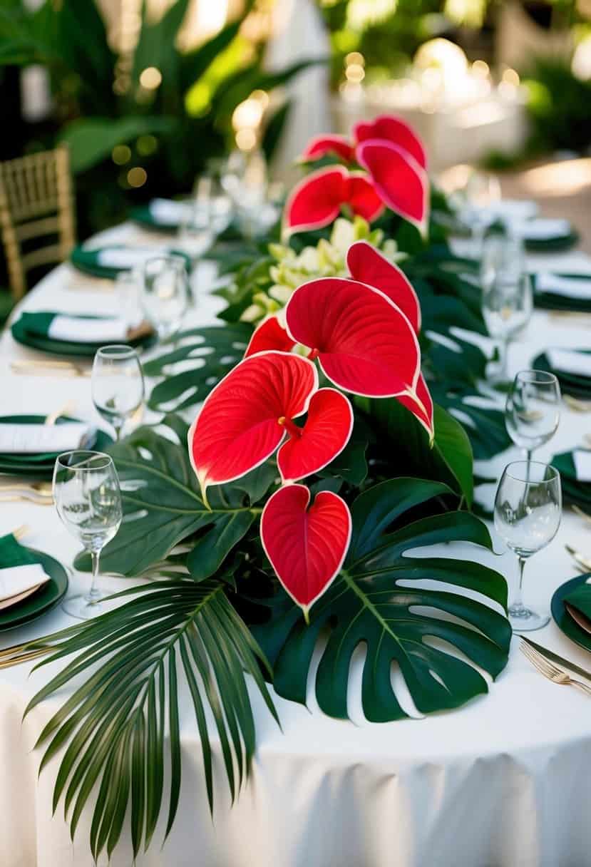 Lush anthurium blooms and tropical leaves arranged on a wedding table