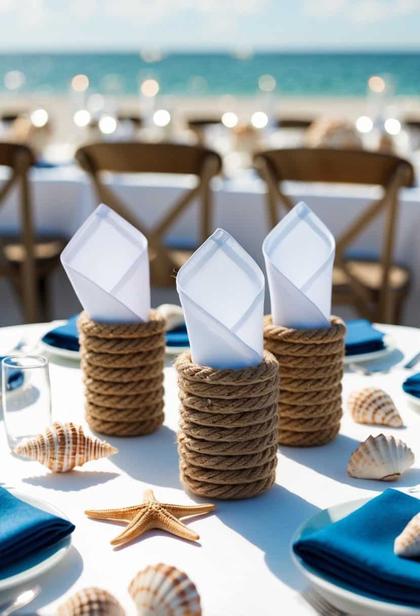 Nautical rope napkin holders arranged on a beach wedding table with shells and starfish decor