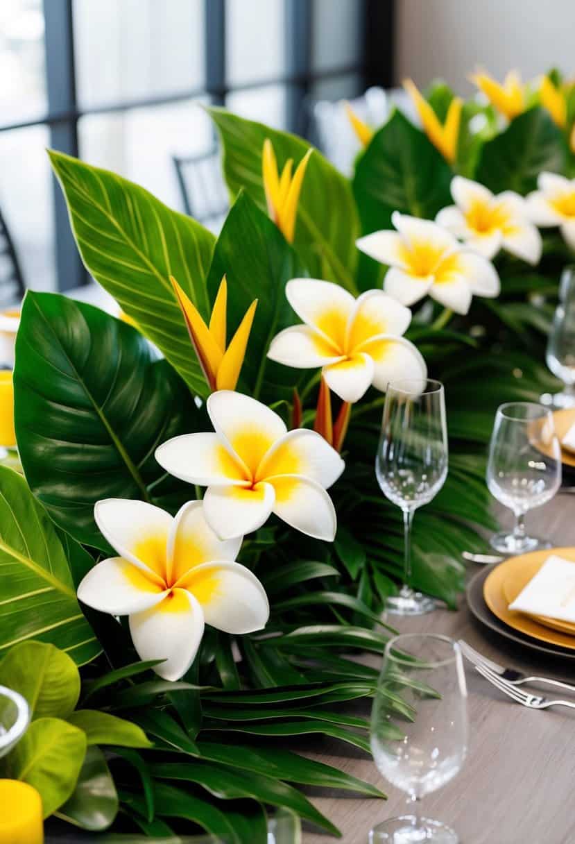 A lush tropical table centerpiece with plumeria flowers and vibrant green leaves arranged in a modern and elegant style