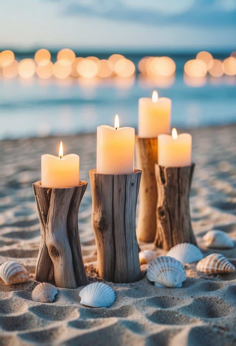 Driftwood candle holders arranged on a sandy beach table, adorned with seashells and soft candlelight