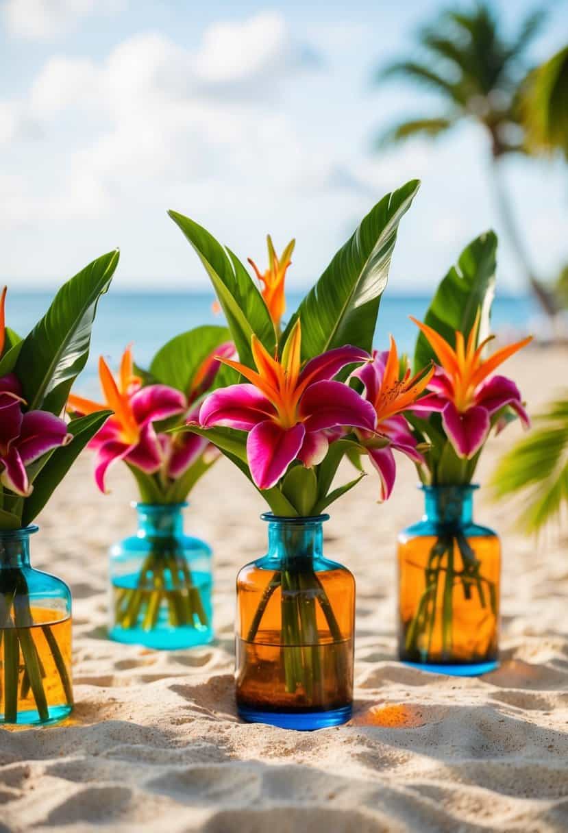 Vibrant tropical flowers arranged in glass vases on a sandy beach table