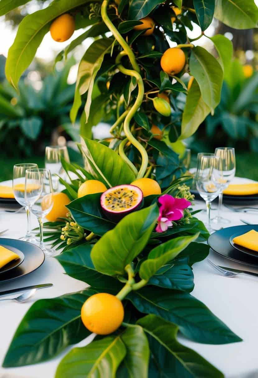 A lush passionfruit vine winds around a table adorned with tropical leaves, creating a vibrant and exotic wedding centerpiece