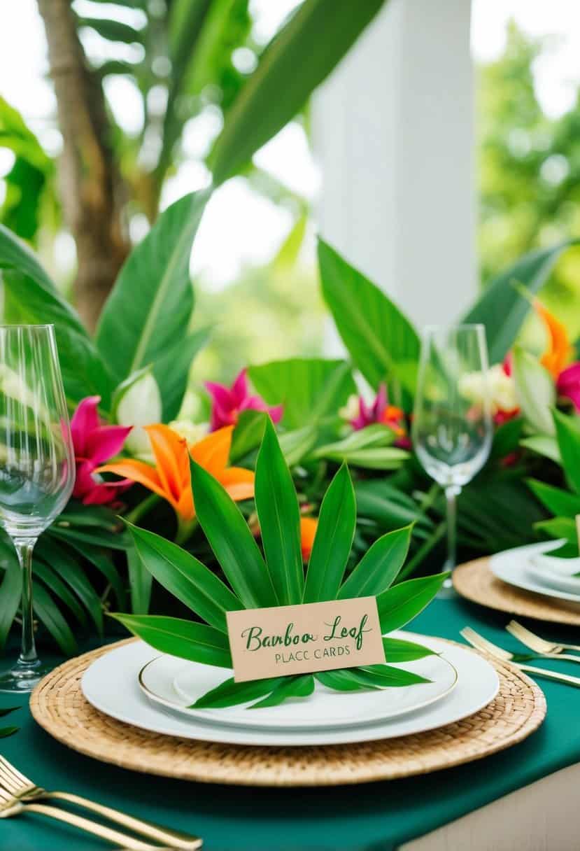 Bamboo leaf place cards arranged on a tropical-themed wedding table, surrounded by lush green foliage and vibrant flowers
