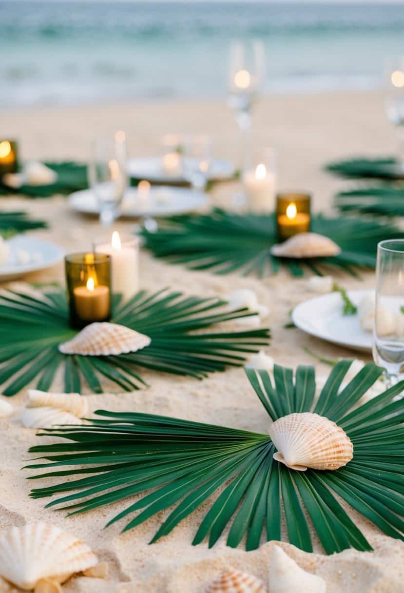 Palm leaf table mats arranged on a sandy beach with seashells and candles, set for a wedding reception