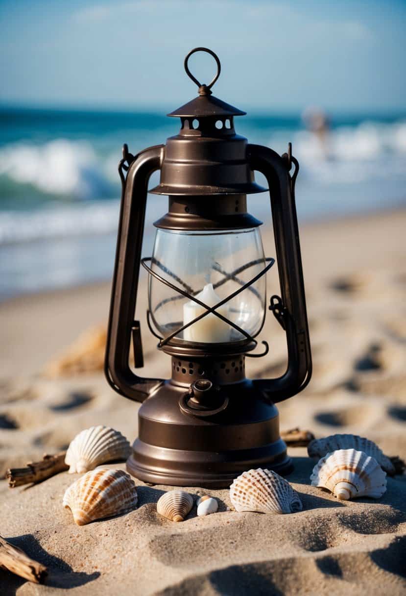 A vintage lantern sits on a sandy beach table, surrounded by shells and driftwood, with the ocean in the background