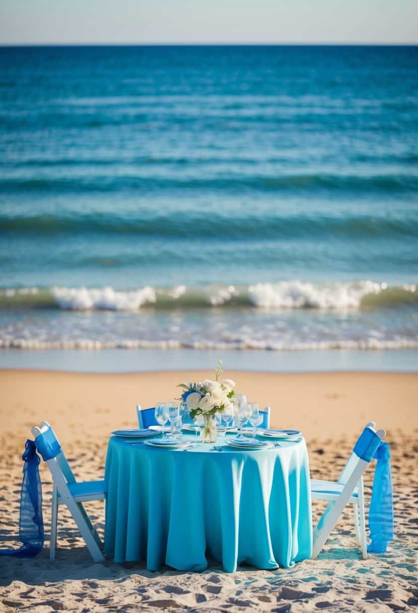 A beach wedding table adorned with ocean blue table linens, set against the backdrop of the sparkling sea and golden sand