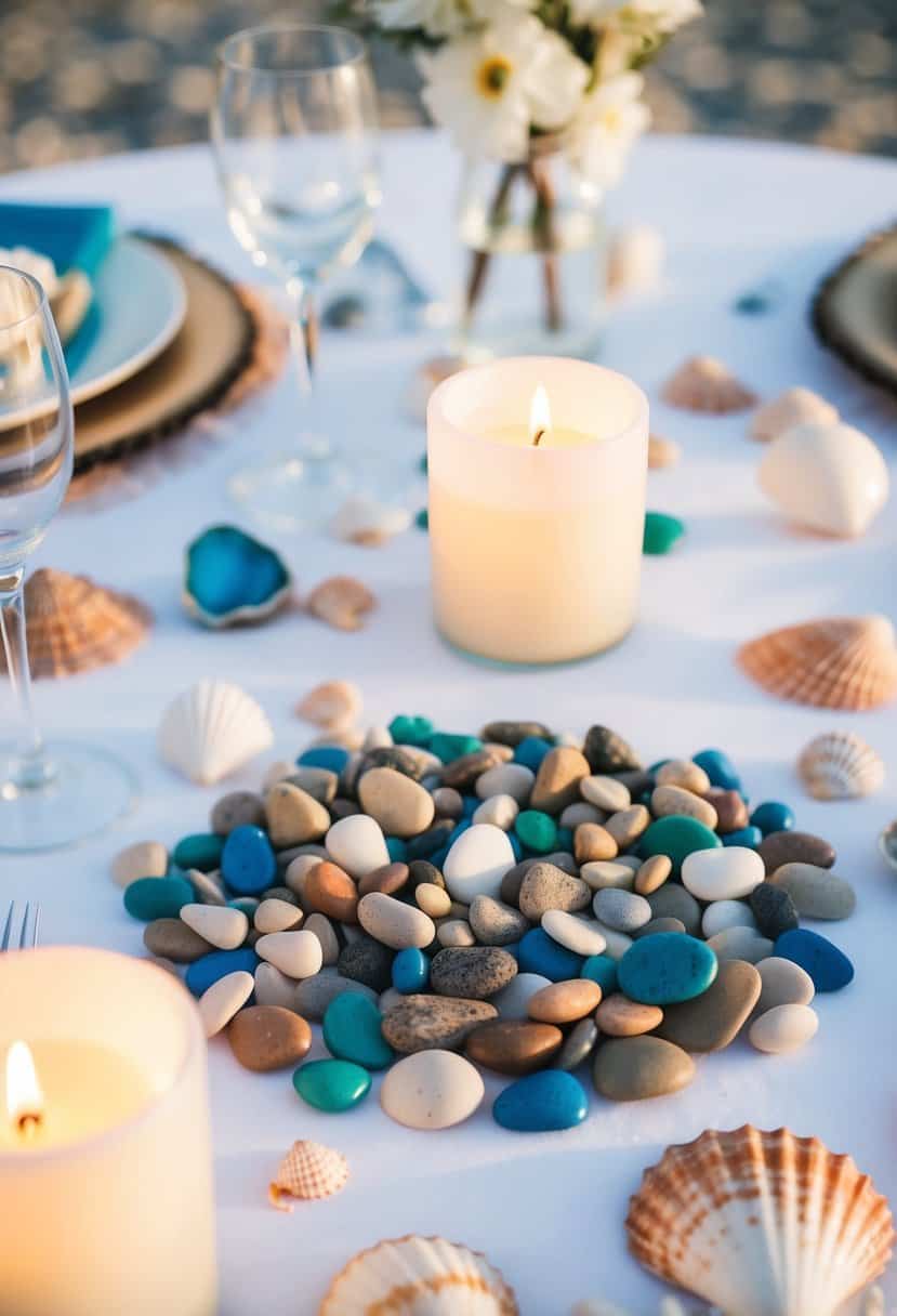 Colorful pebbles scattered on a beach-themed wedding table, surrounded by seashells and candles