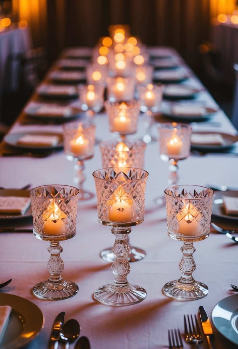 Elegant crystal candle holders arranged in a symmetrical pattern on a wedding reception table, casting a warm and romantic glow