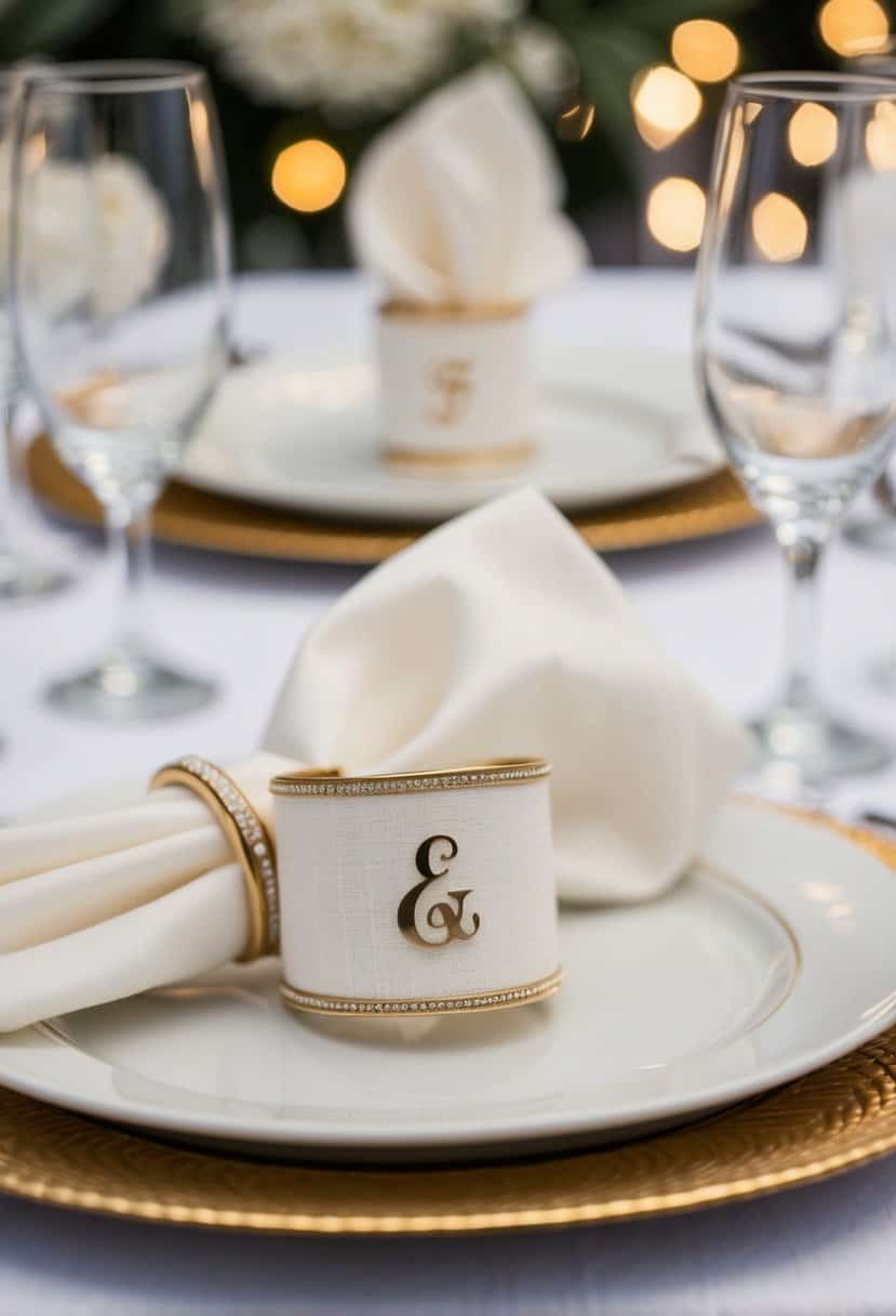 A table set with personalized napkin rings, each adorned with the initials of the newlyweds, adding an elegant touch to the wedding reception decor
