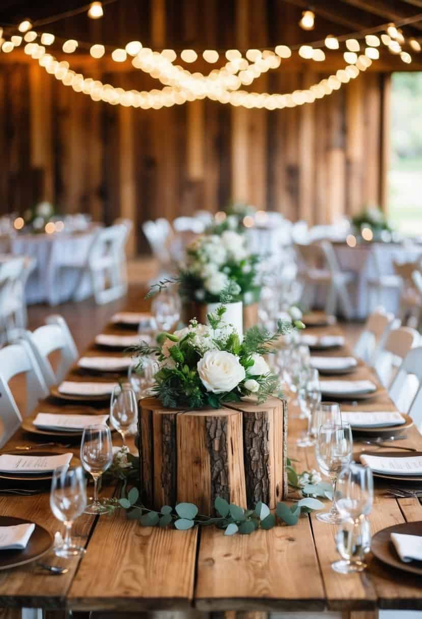 Rustic wooden centerpieces adorn the wedding tables, adding a natural and charming touch to the ceremony