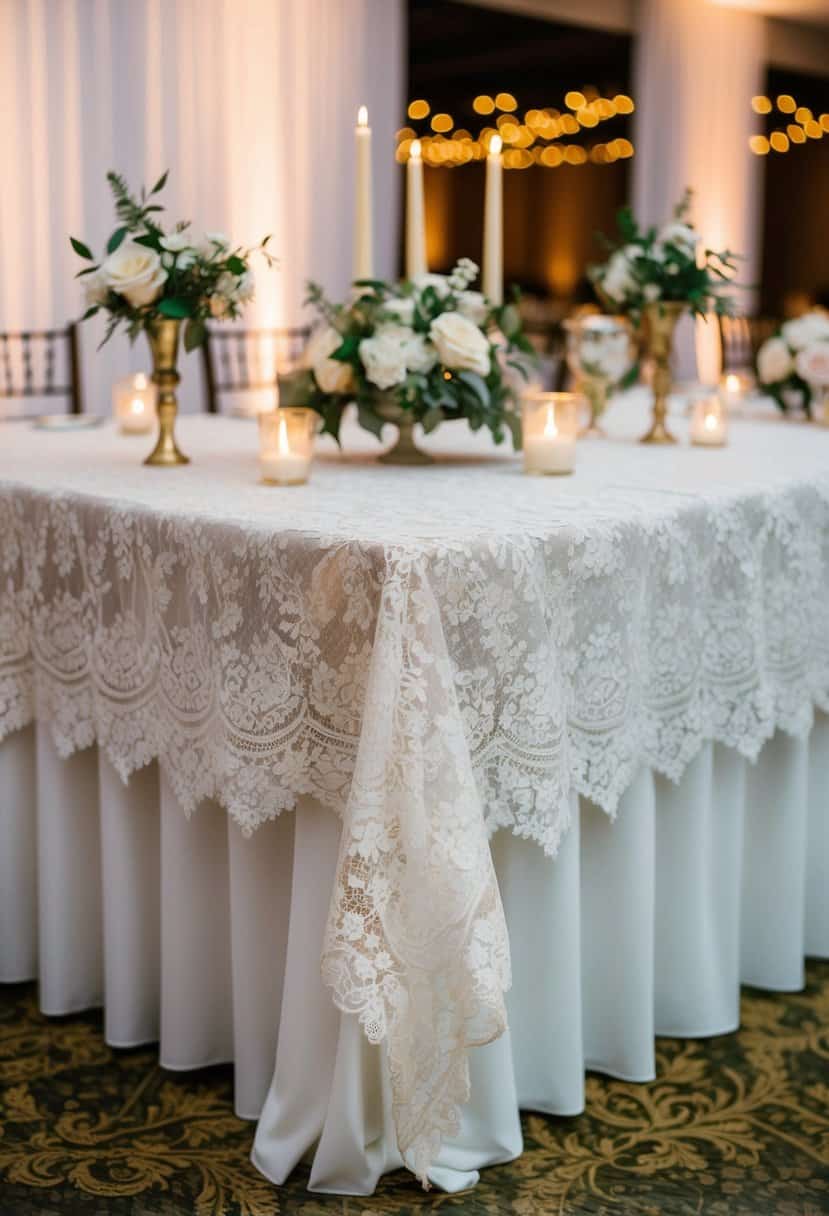 A vintage lace tablecloth drapes elegantly over a wedding reception table, adorned with delicate floral centerpieces and flickering candlelight