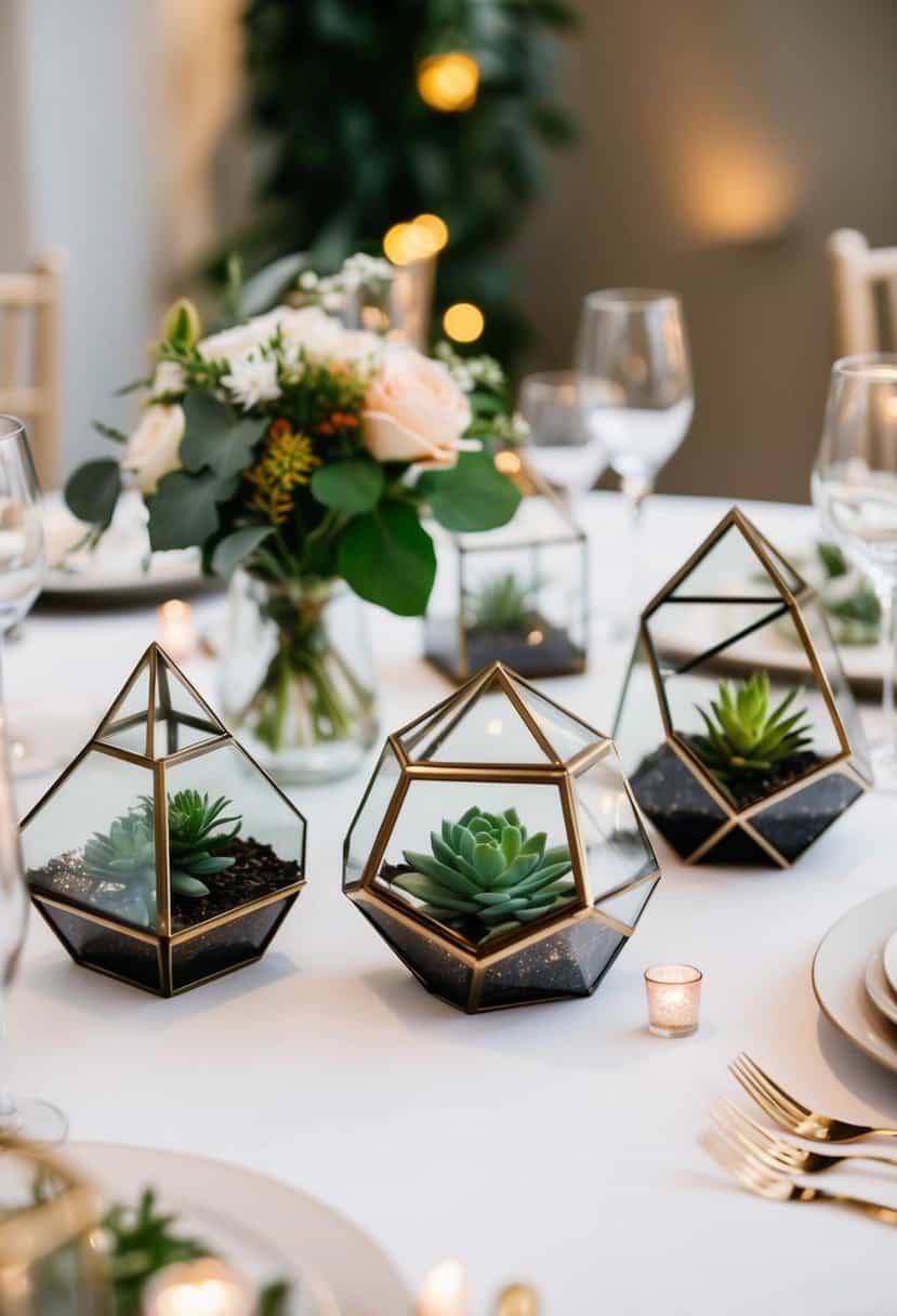 A table adorned with modern geometric terrariums as wedding decorations