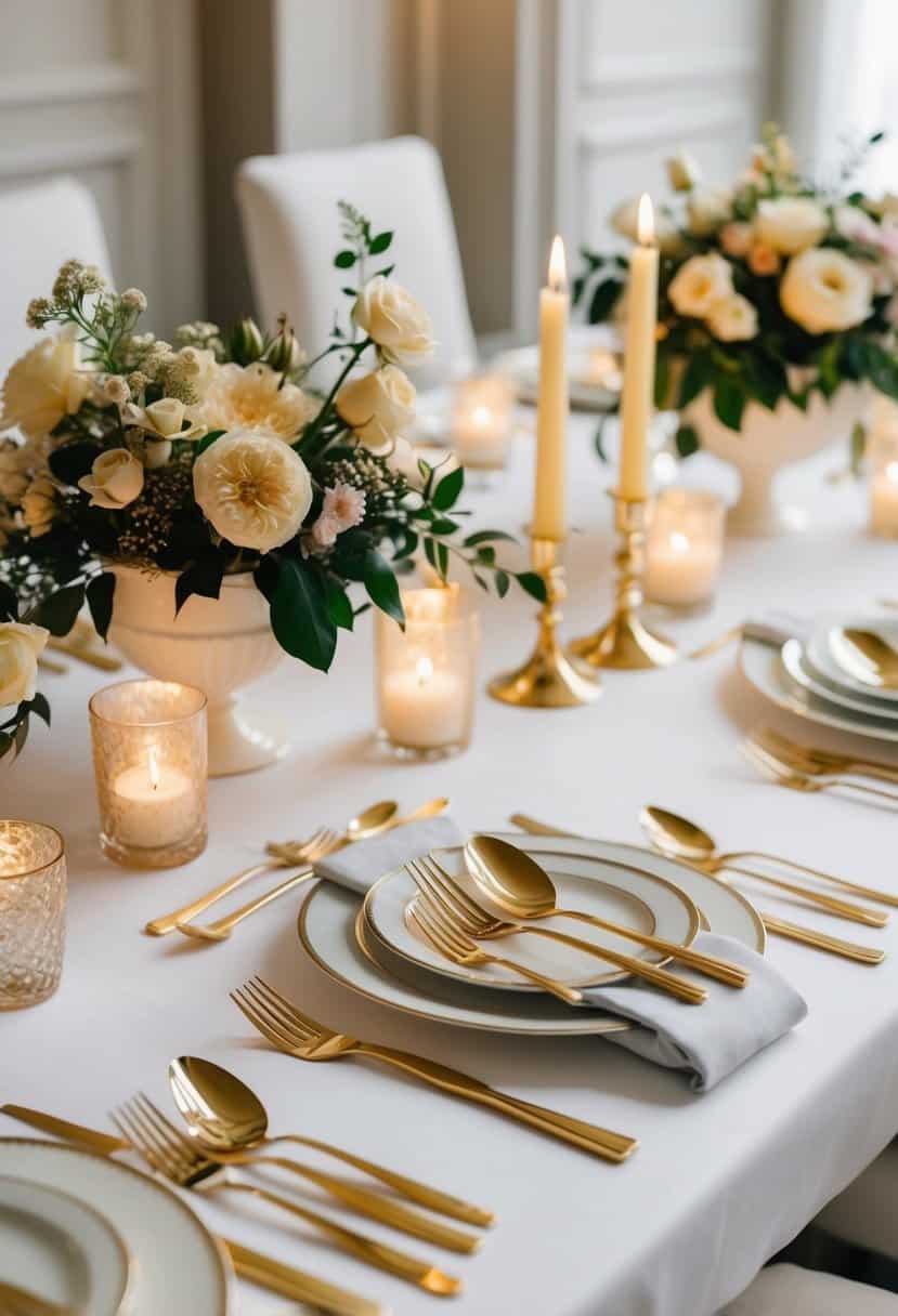 A luxurious gold cutlery set arranged on a pristine white table, surrounded by elegant floral centerpieces and flickering candlelight
