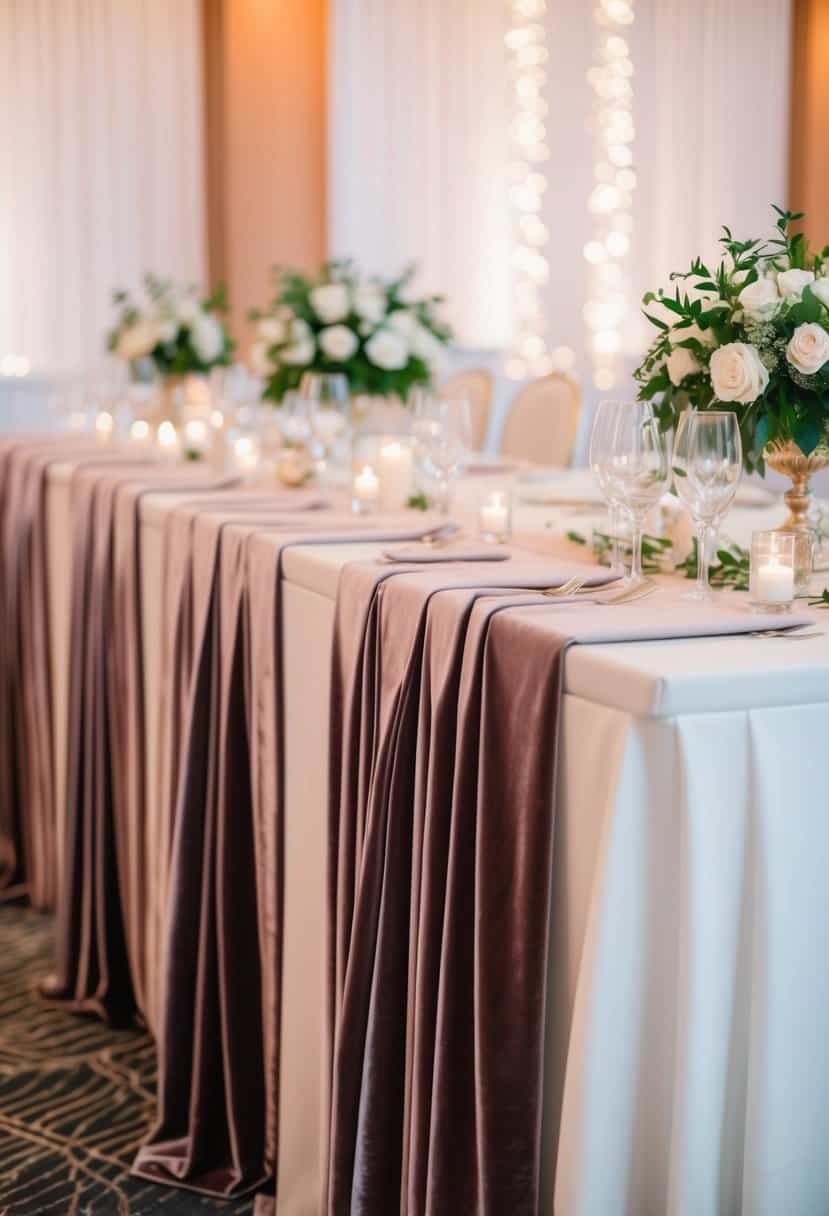 A long, luxurious velvet table runner drapes elegantly over a pristine white table, adding a touch of opulence to the wedding ceremony decor