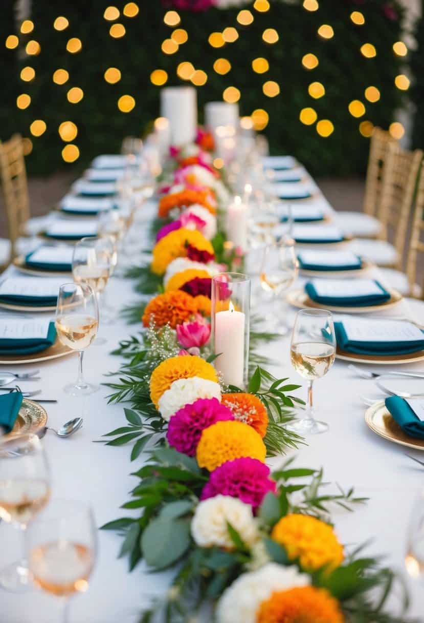A table adorned with colorful floral garlands for a wedding ceremony