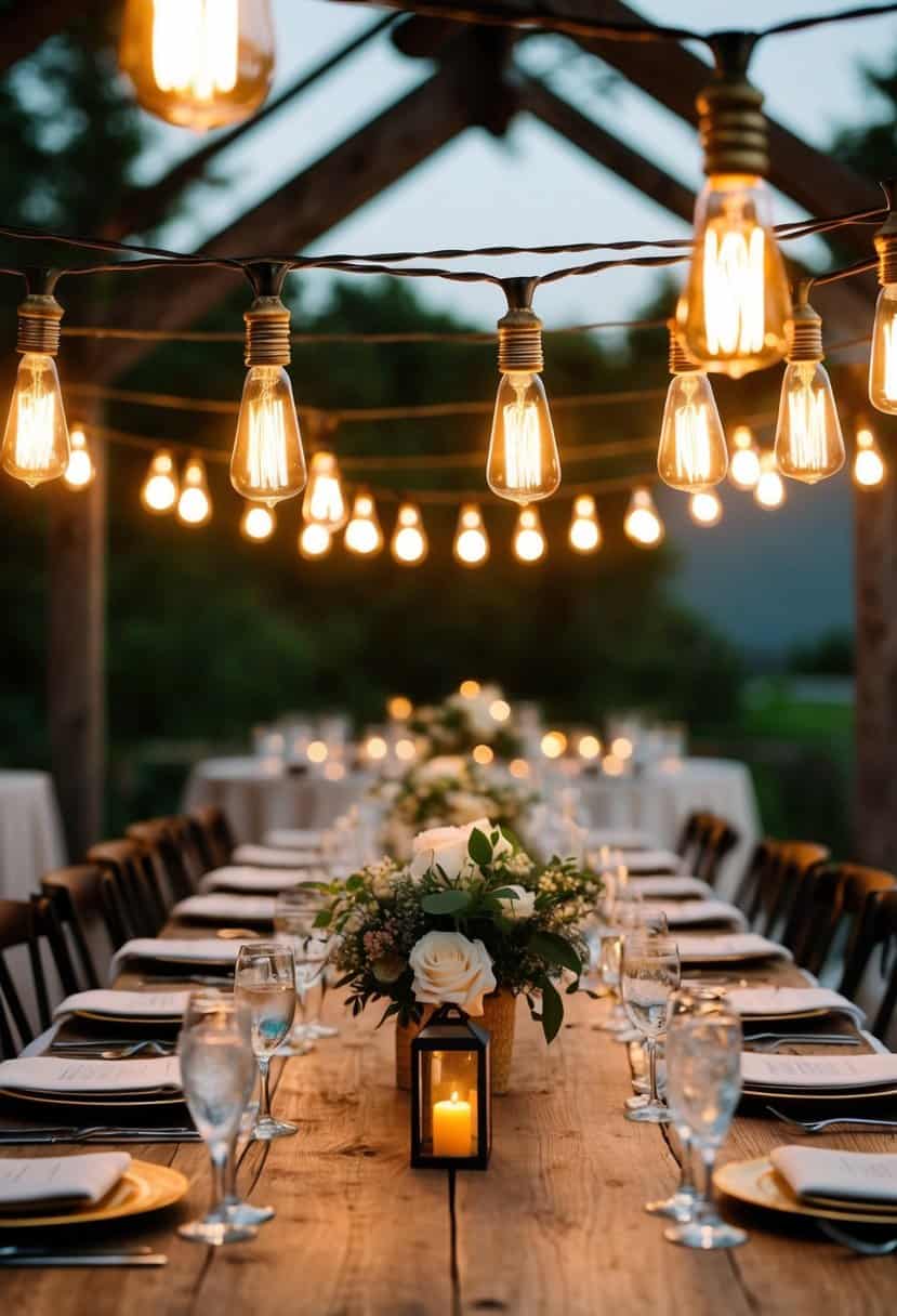 Edison bulb strings hang above a rustic wedding table, casting a warm glow on the elegant centerpiece