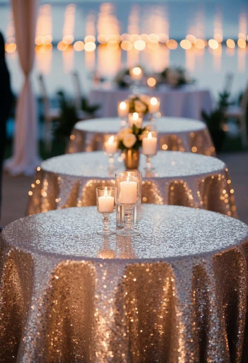 A table adorned with sparkling sequin linens, reflecting the soft glow of candlelight at a wedding ceremony