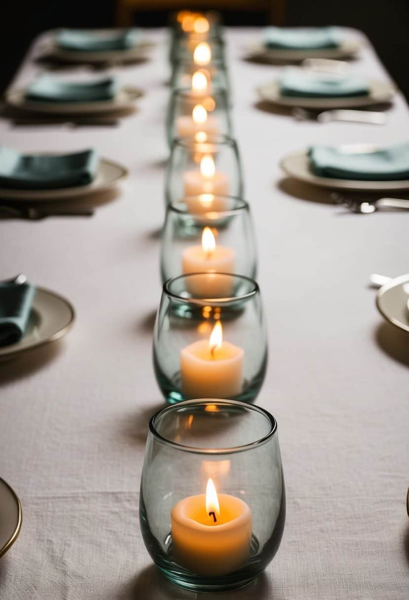 Several glass votive holders arranged in a symmetrical pattern on a white linen tablecloth, with soft candlelight casting a warm glow