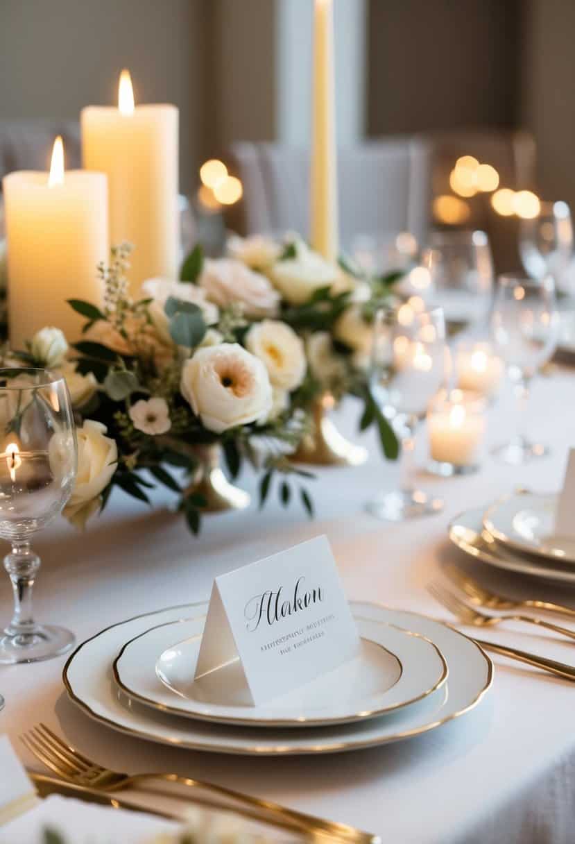 Elegant place cards arranged on a beautifully set wedding table, with delicate floral centerpieces and soft candlelight