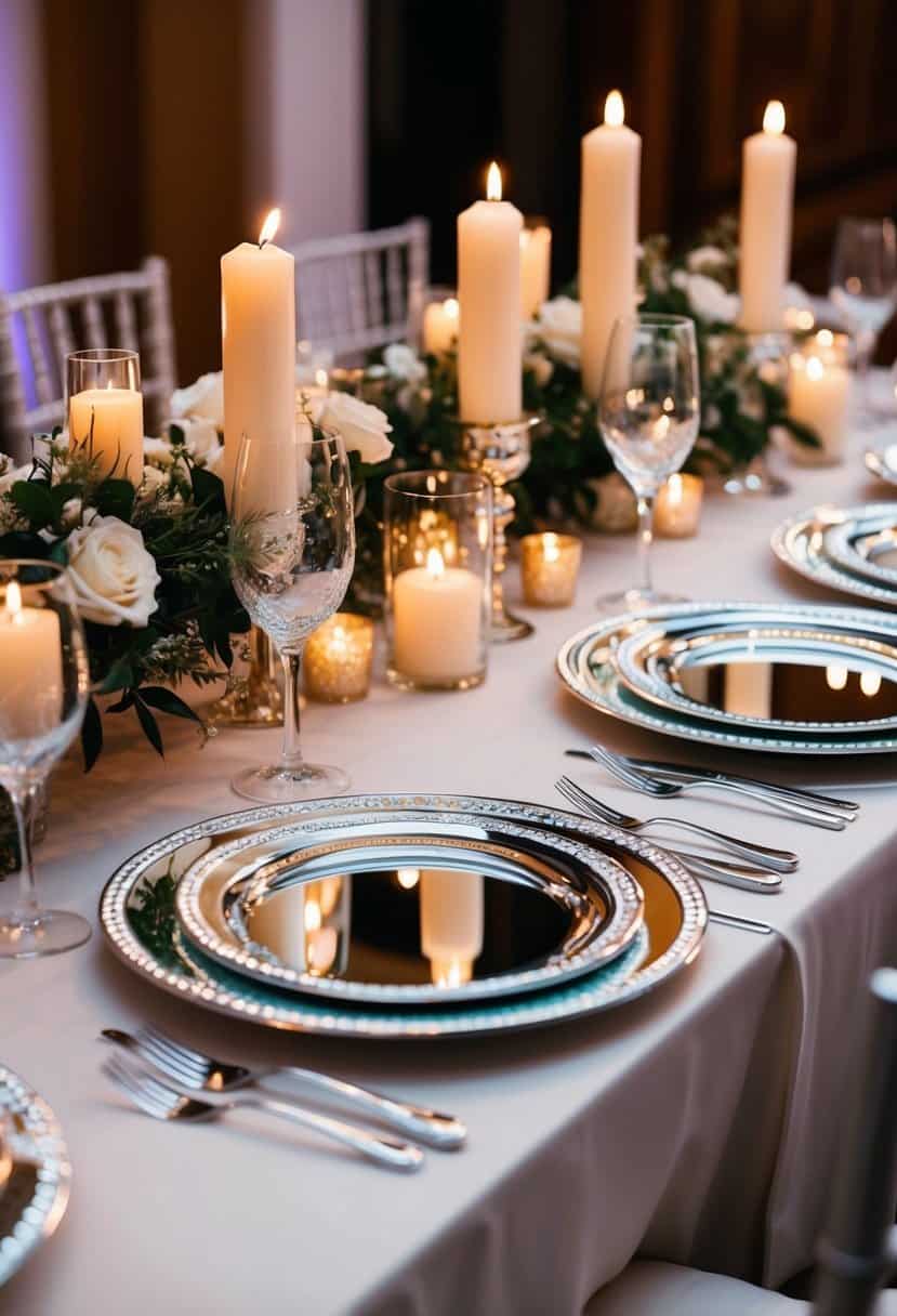 A table adorned with glistening mirrored plates, reflecting the soft glow of candlelight at a wedding ceremony