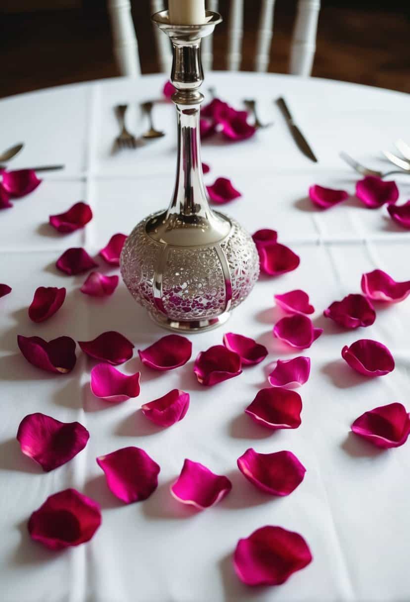Silk flower petals scattered on a white table, surrounding a centerpiece