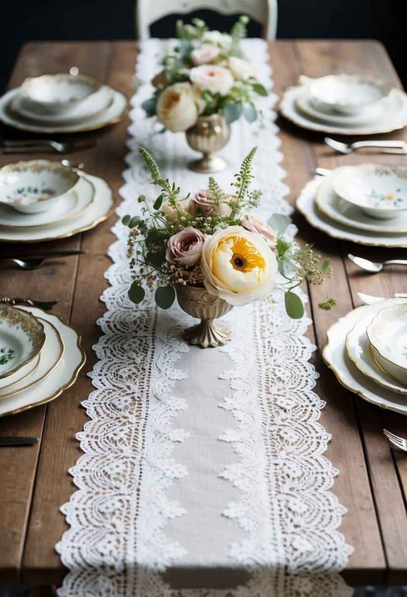 A vintage lace table runner adorns a rustic wooden table, complemented by delicate floral centerpieces and antique dinnerware