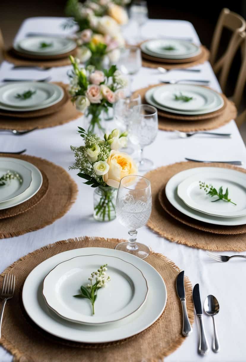 A table set with rustic burlap placemats, adorned with delicate floral centerpieces and elegant silverware