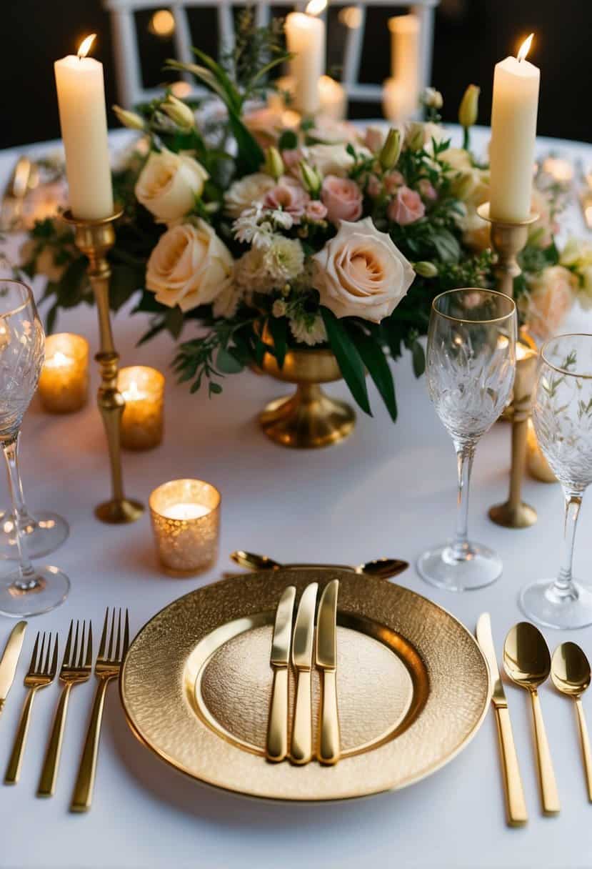 A golden cutlery set arranged elegantly on a table, surrounded by floral centerpieces and candles, creating a luxurious wedding table setting
