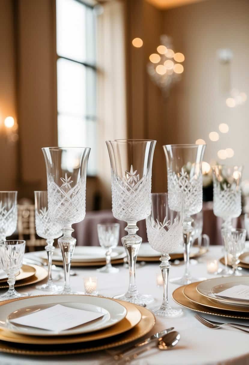 A table set with crystal goblet glasses, elegant wedding decorations