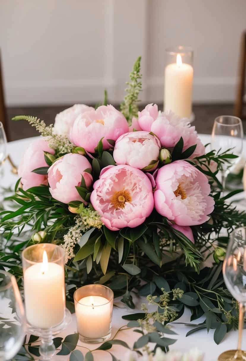 A lush floral centerpiece of pink peonies adorns a wedding table, surrounded by delicate greenery and soft candlelight
