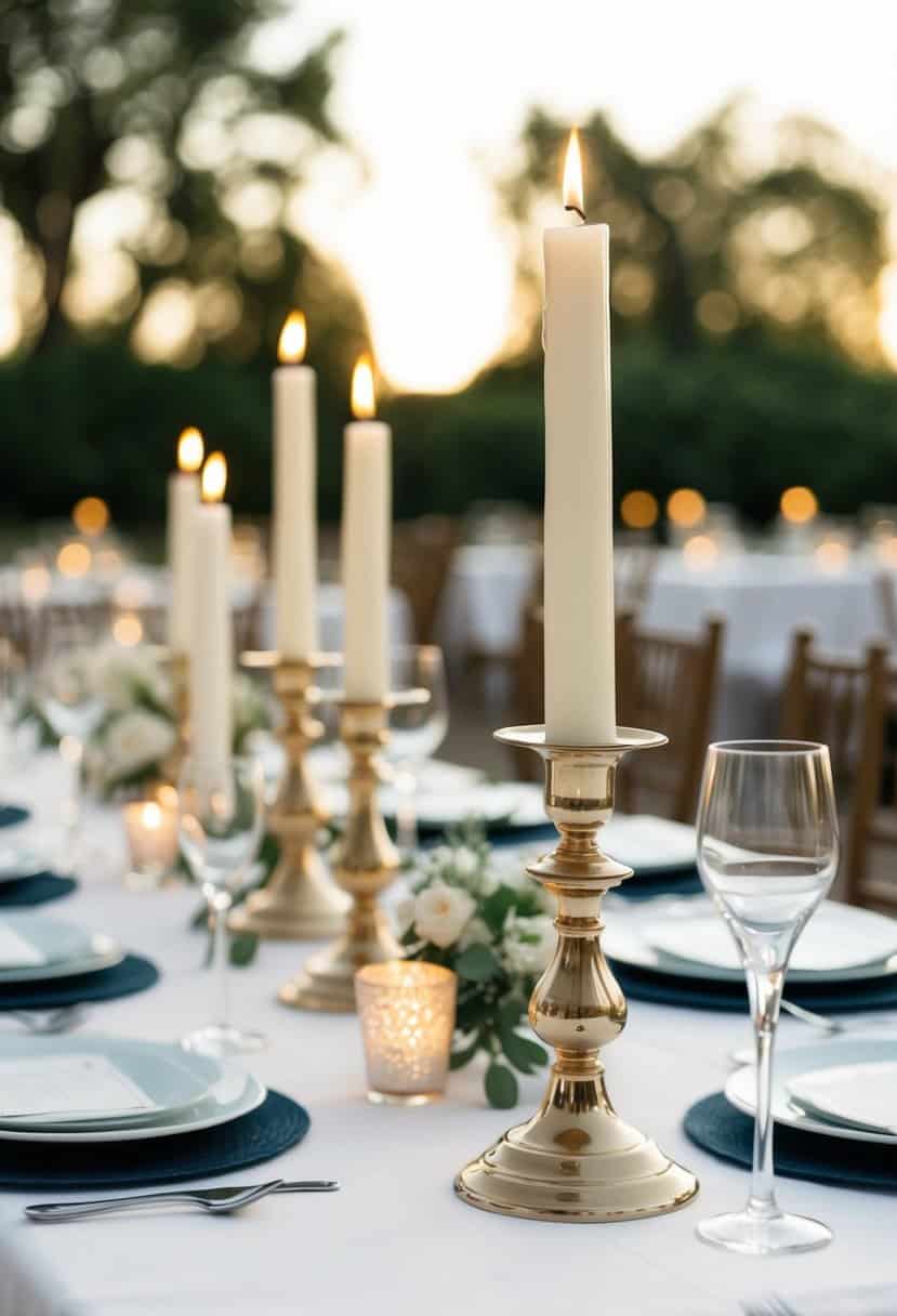 A table set with elegant candlesticks and tapers for a wedding decoration