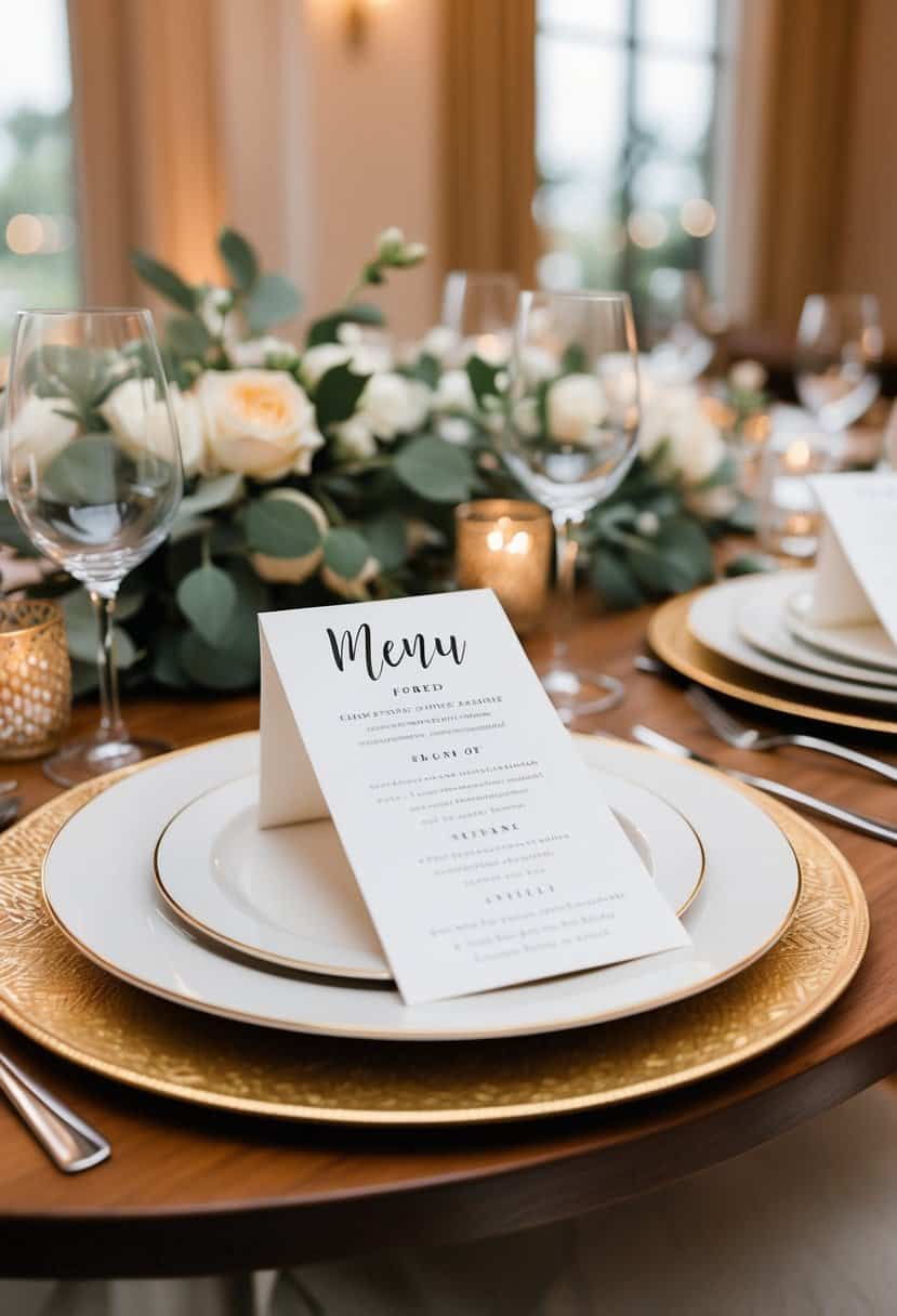 A table set with personalized menu cards, elegant wedding decor