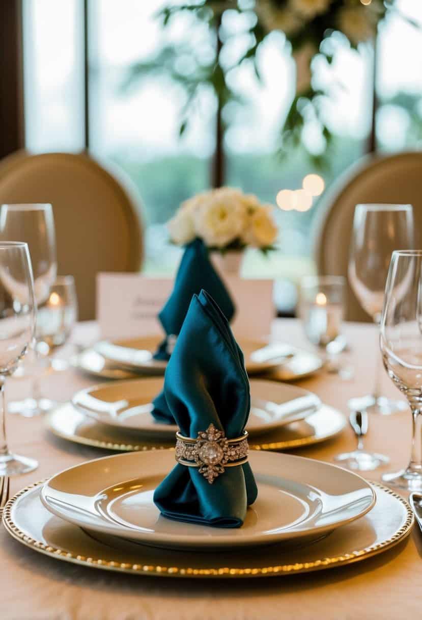 A table set with silk napkin ring holders, adorned for a wedding celebration
