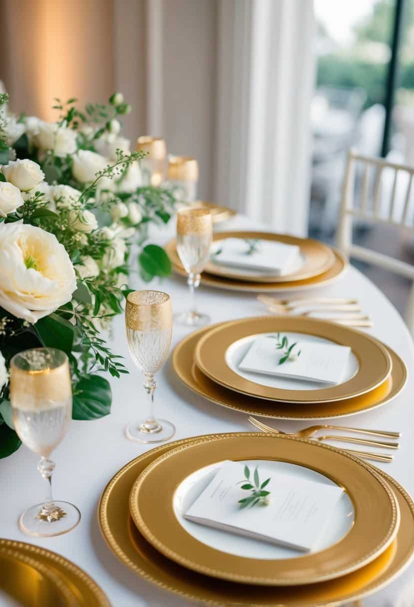 A table adorned with gold-rimmed chargers, elegant and luxurious, set for a wedding celebration