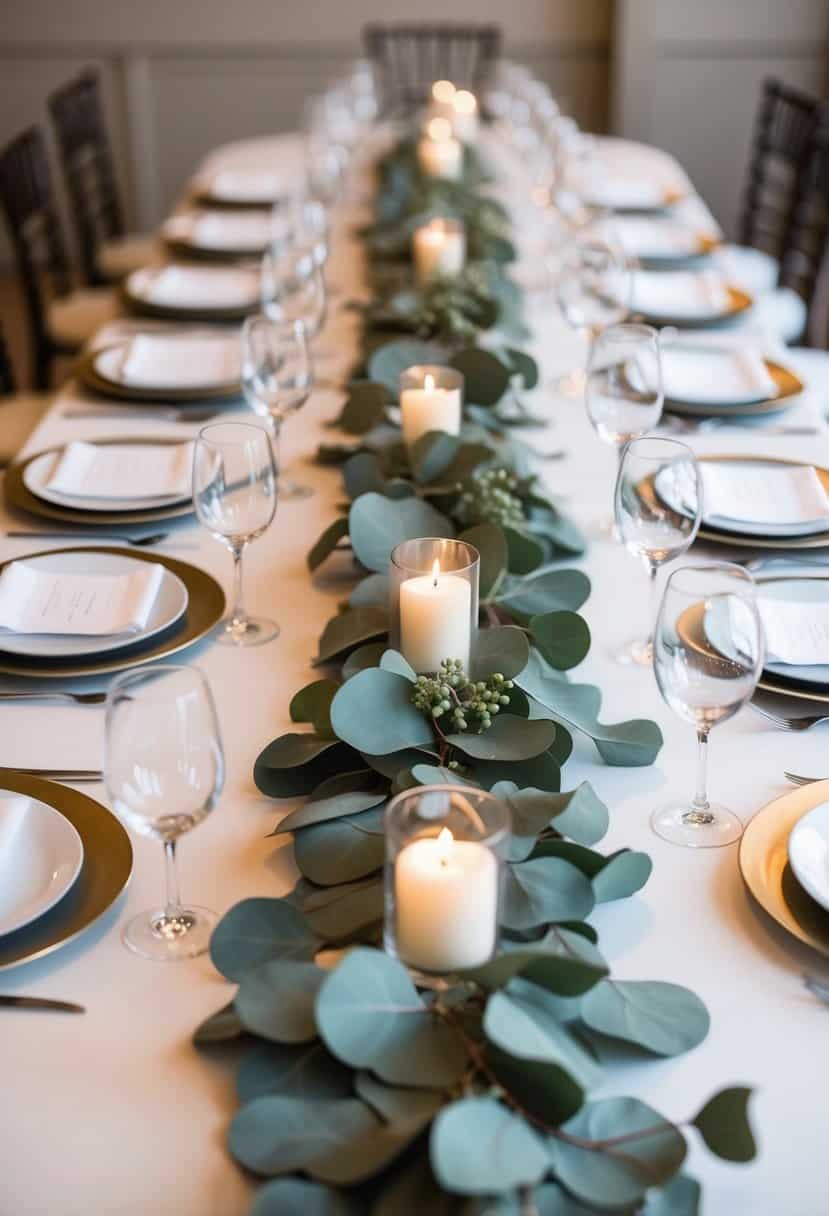 A table set with a eucalyptus garland table runner, adorned with elegant wedding decorations